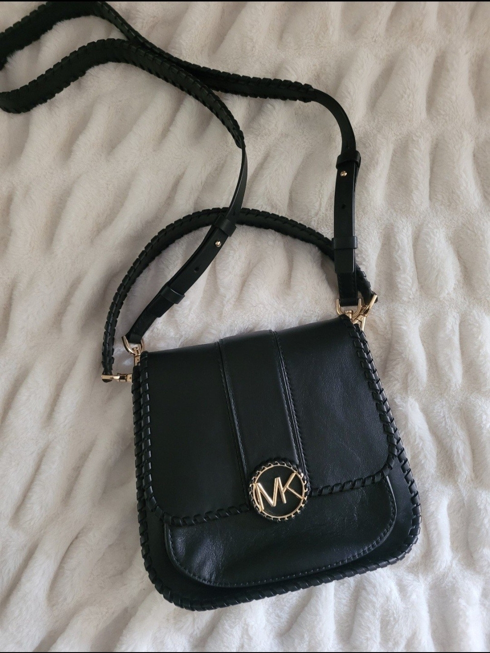 Michael Kors Black Leather Whipstitch Crossbody with Gold MK Medallion